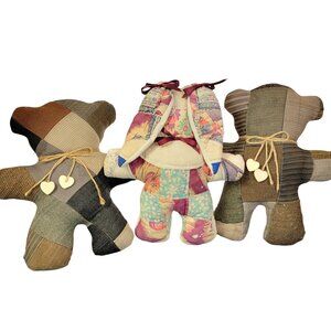 Vintage 70s Handmade Quilt Stuffed Animals Lot Child Bear Bunny Brown Pink Toys